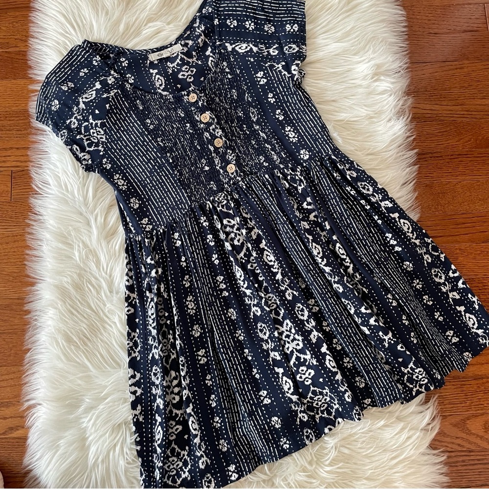 RipCurl Surf Shack Mini Dress Smocked Front Short Sleeve Blue White Size XS